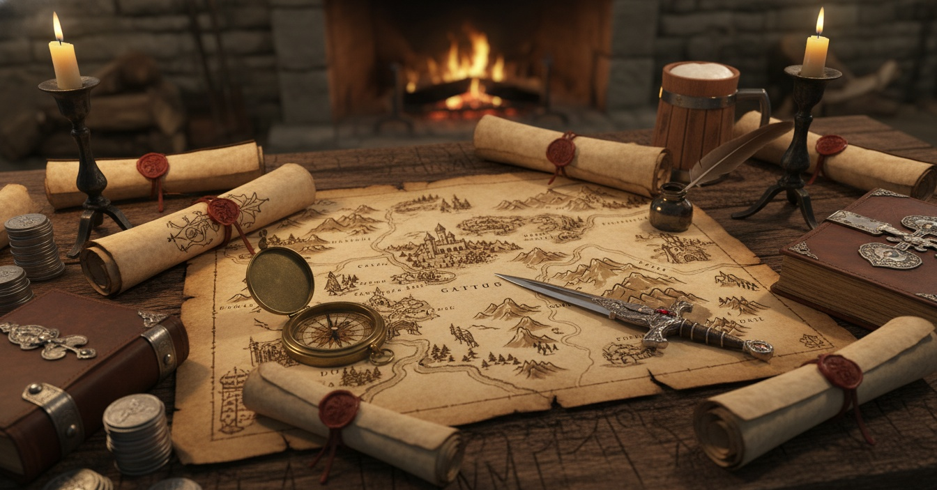 A map sprawled out on a tabletop, with sealed scrolls around it and a dagger and compass on top.